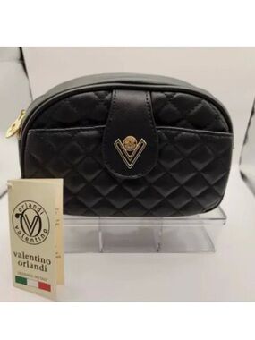 Valentino Orlandi Quilted V Gold Tone Logo Camera Crossbody Shoulder Bag